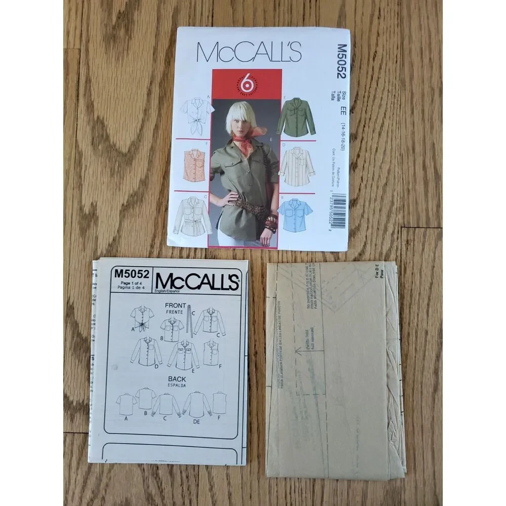 McCall's M5052 Pattern EE Womens 14-20 Collared Button Shirts Varieties New